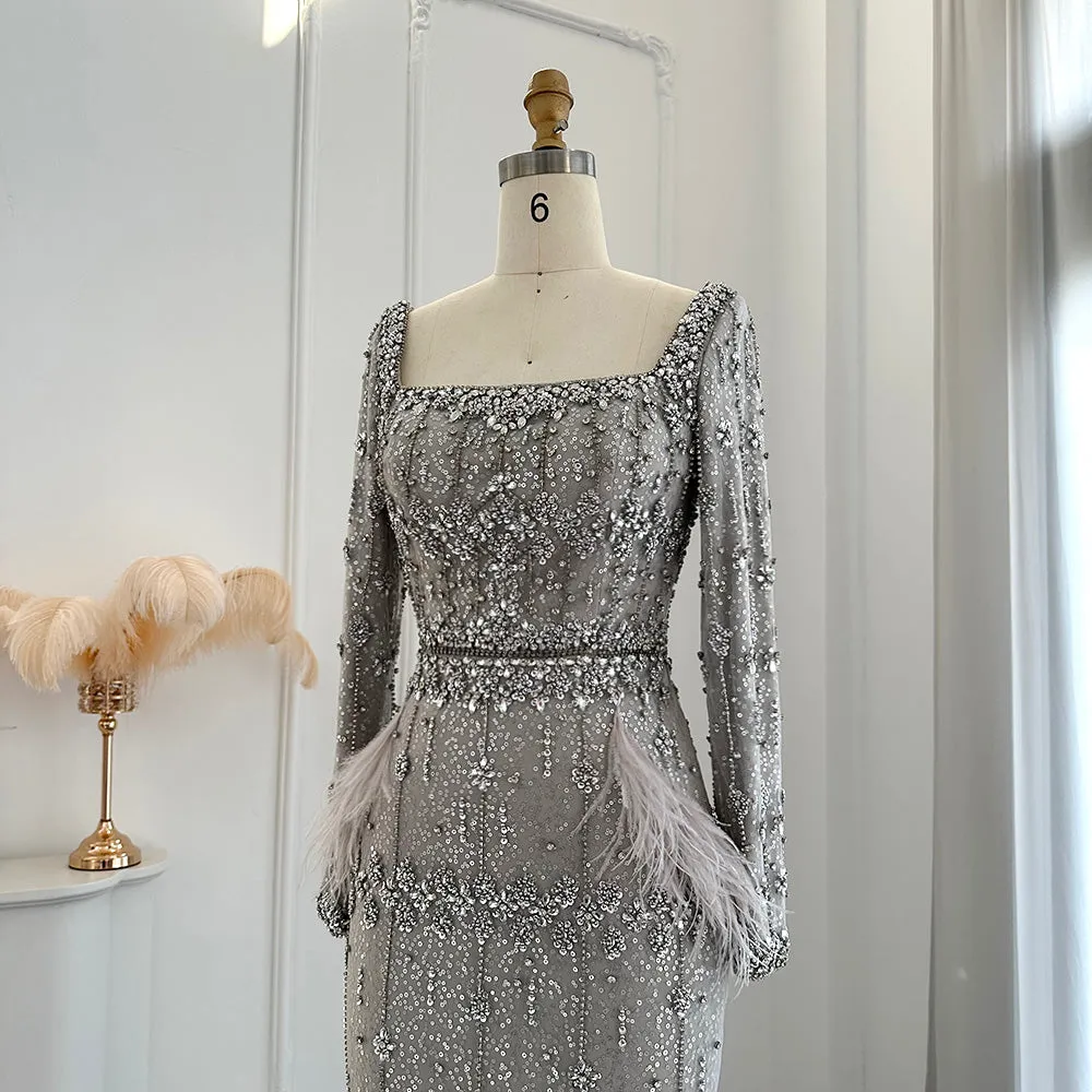 Luxury Gray Feather Straight Evening Dress with Cape Sleeves SS279