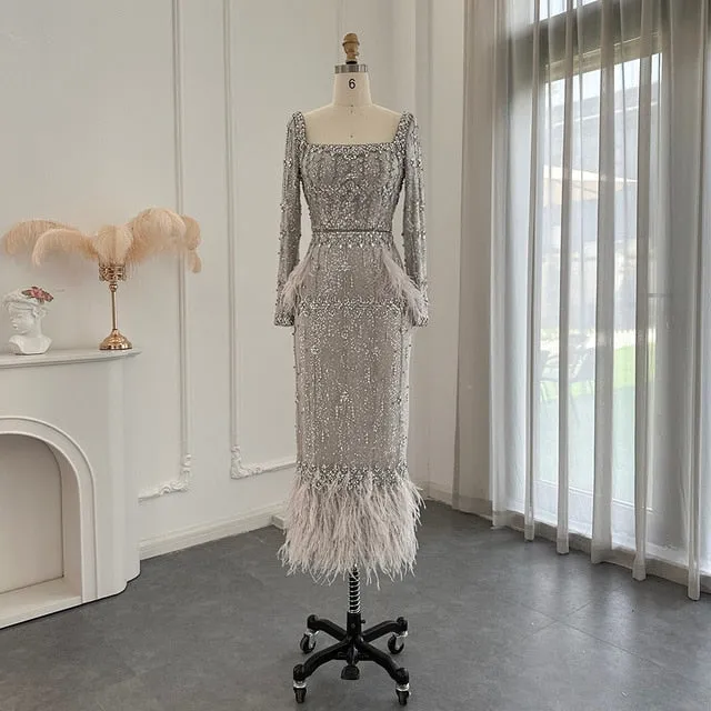 Luxury Gray Feather Straight Evening Dress with Cape Sleeves SS279
