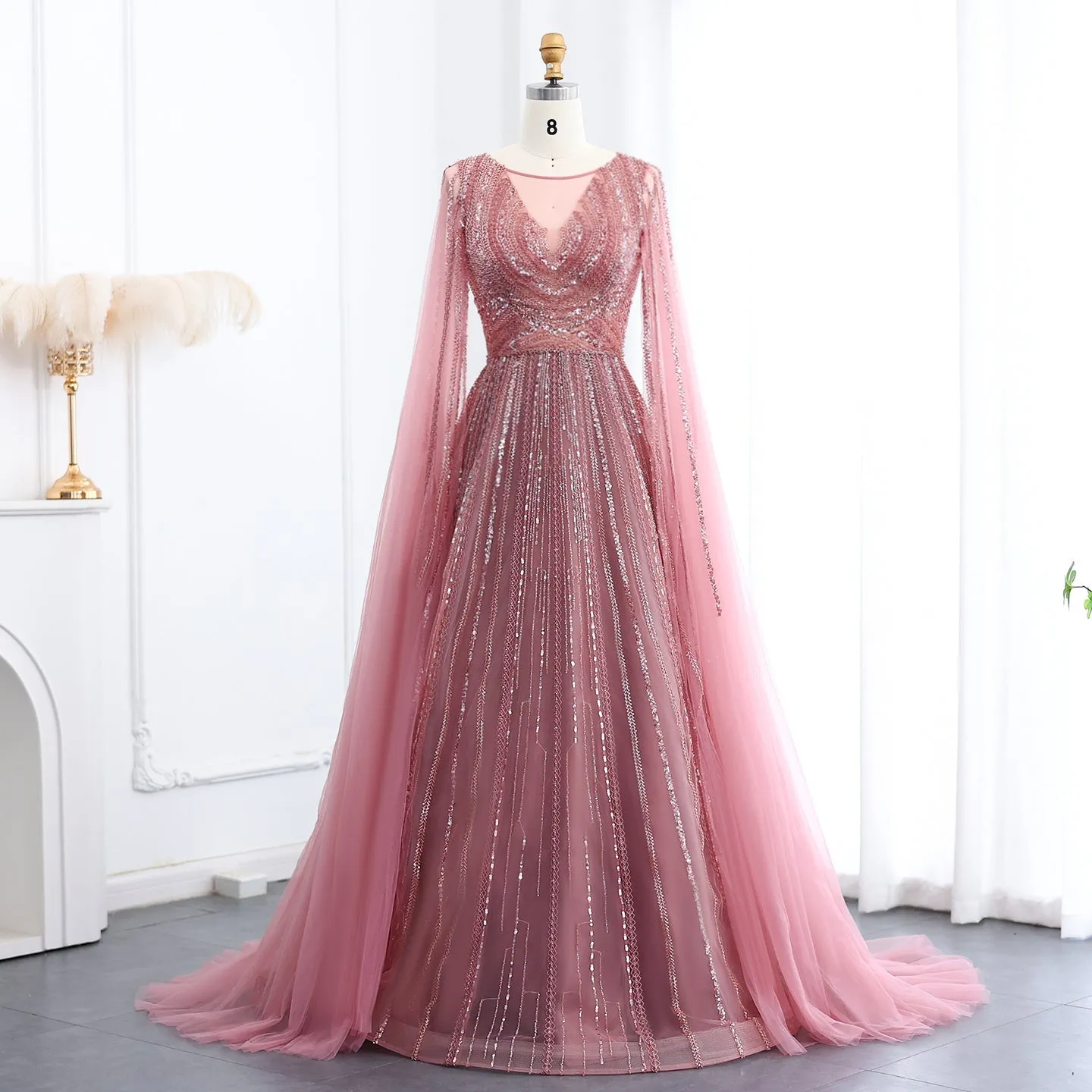 Luxury Gray Green Evening Dress with Cape Sleeves SS005