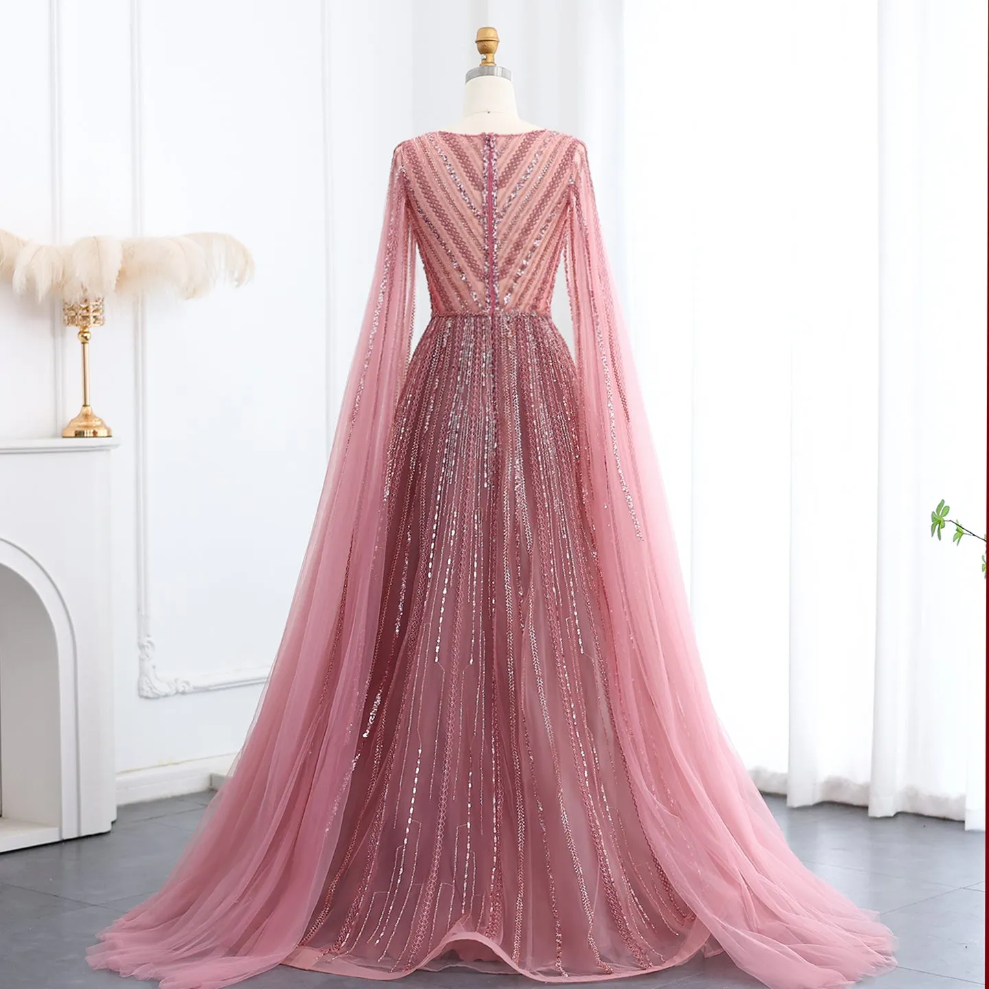 Luxury Gray Green Evening Dress with Cape Sleeves SS005