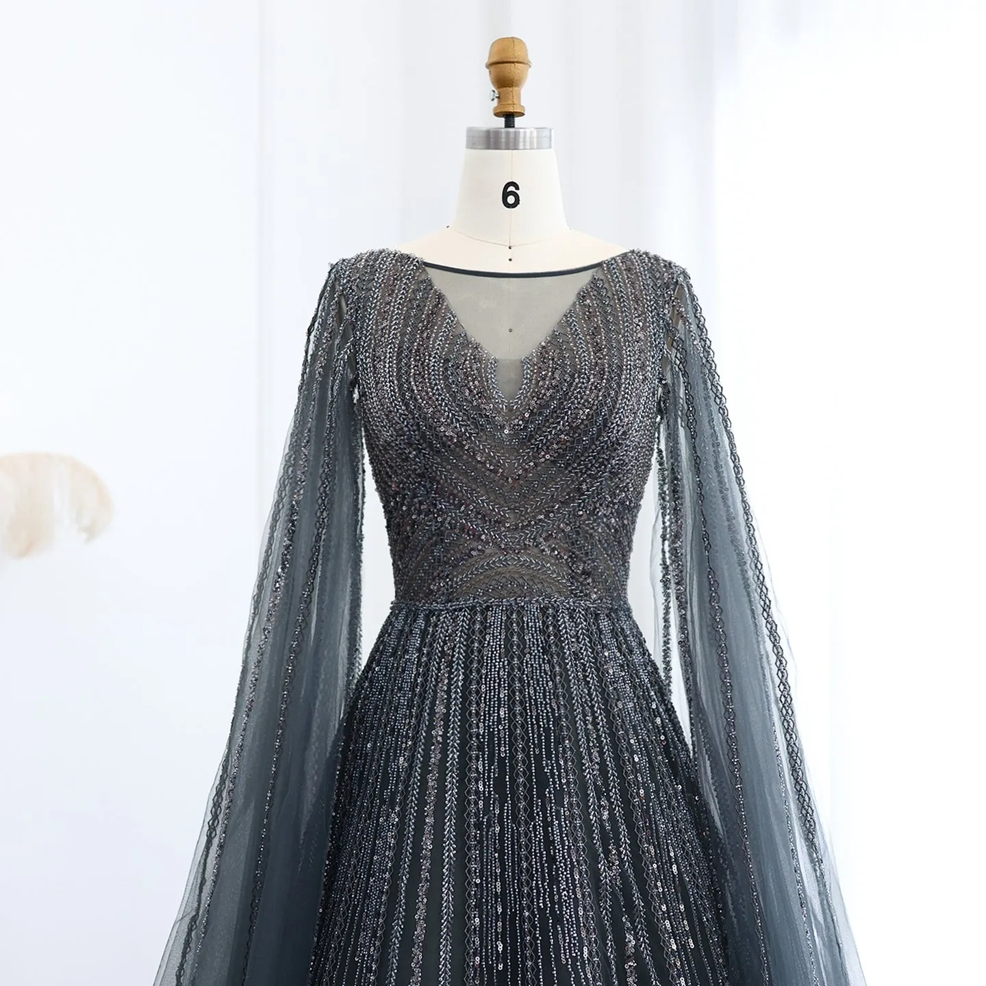 Luxury Gray Green Evening Dress with Cape Sleeves SS005