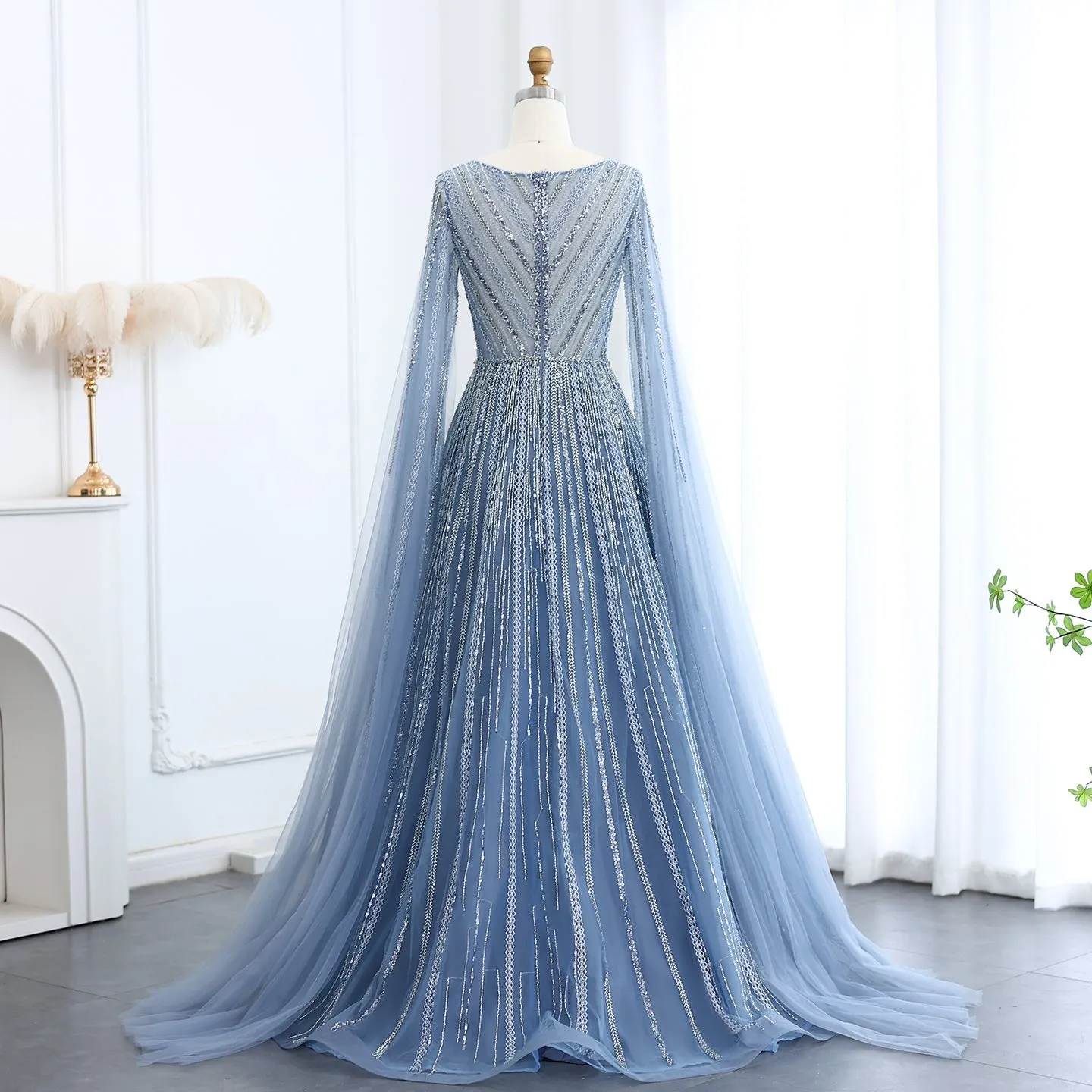 Luxury Gray Green Evening Dress with Cape Sleeves SS005