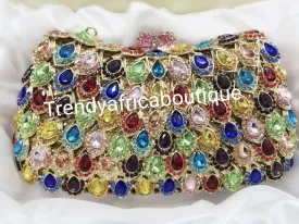 Multi color crystal Stones hand Clutch/purse for ladies formal party/evening party. 7.5" long×5.5" wide