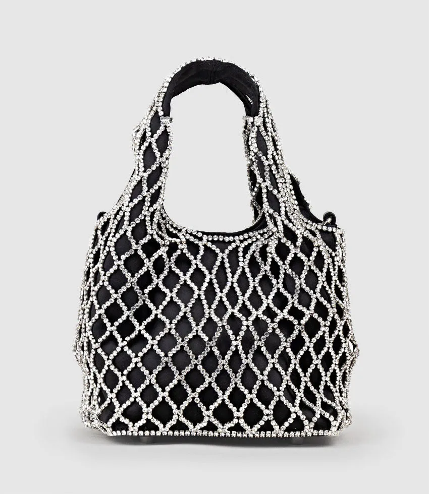NALIA Crystal Lattice Bag in Black Satin