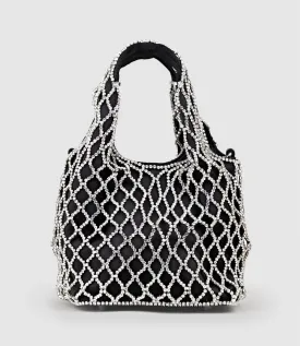 NALIA Crystal Lattice Bag in Black Satin