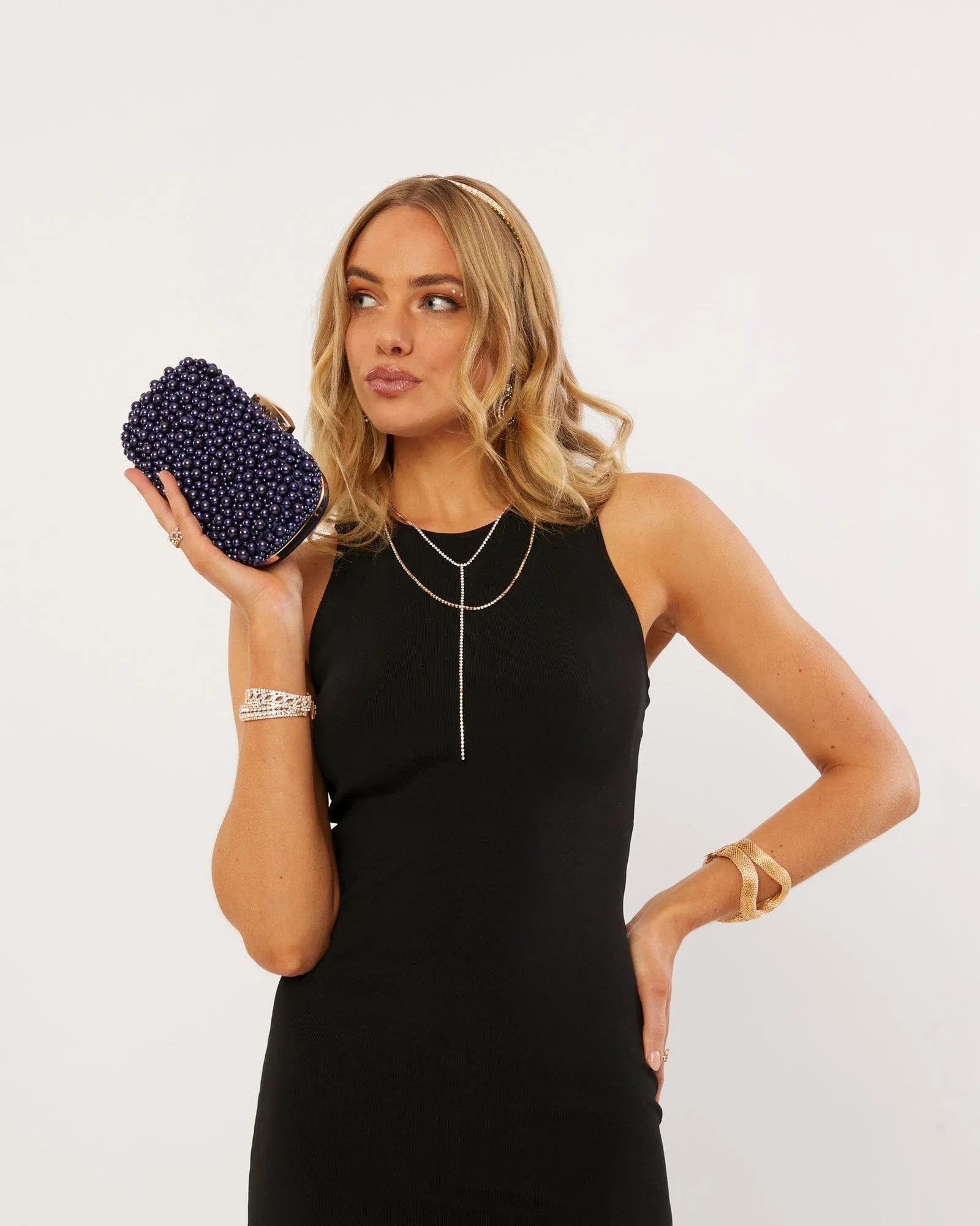 Navy Blue Sarah Beaded Clutch Bag