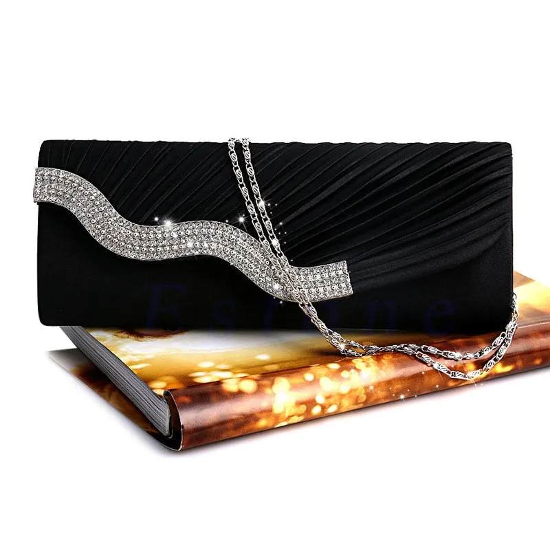 New Fashion Satin Diamante Pleated Crystal Evening Handbag Purse