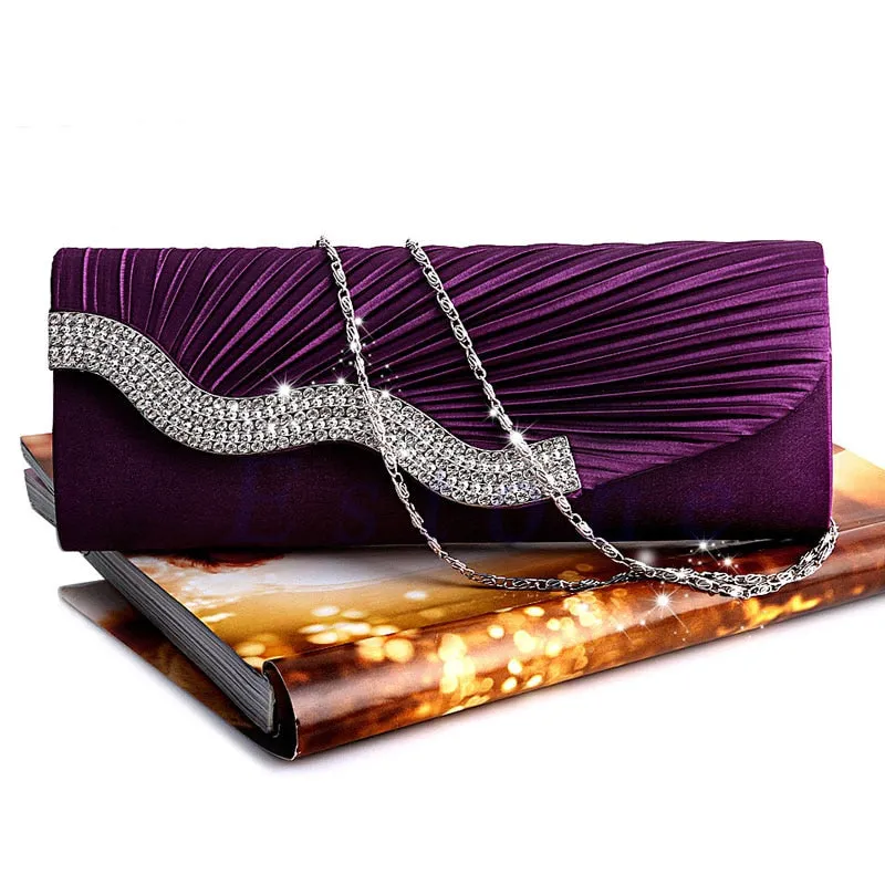 New Fashion Satin Diamante Pleated Crystal Evening Handbag Purse