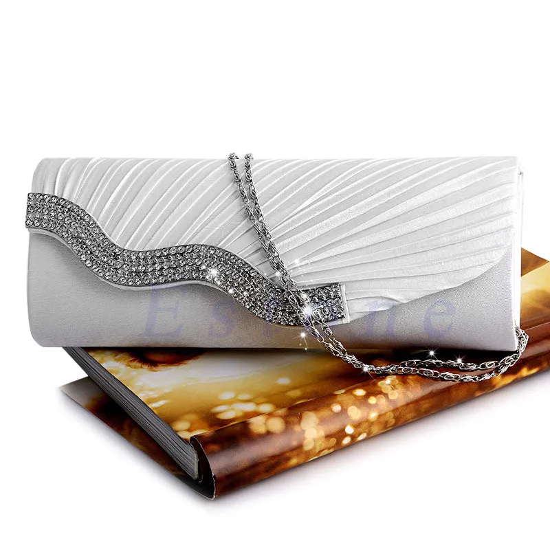 New Fashion Satin Diamante Pleated Crystal Evening Handbag Purse