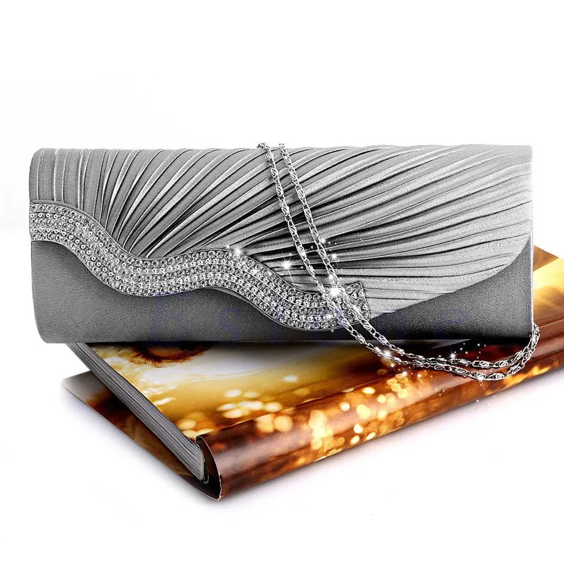 New Fashion Satin Diamante Pleated Crystal Evening Handbag Purse