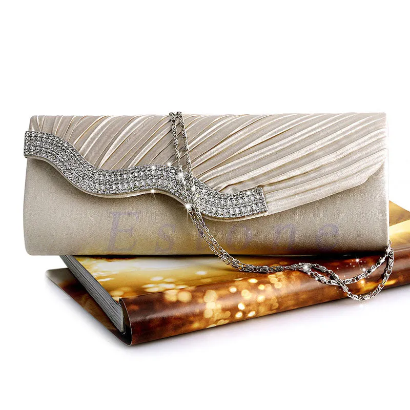 New Fashion Satin Diamante Pleated Crystal Evening Handbag Purse