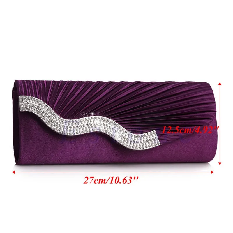 New Fashion Satin Diamante Pleated Crystal Evening Handbag Purse