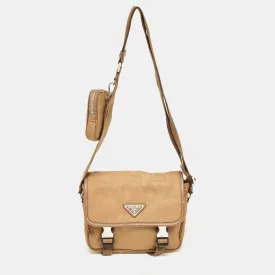 Prada Olive Green Leather And Nylon Flap Messenger Bag