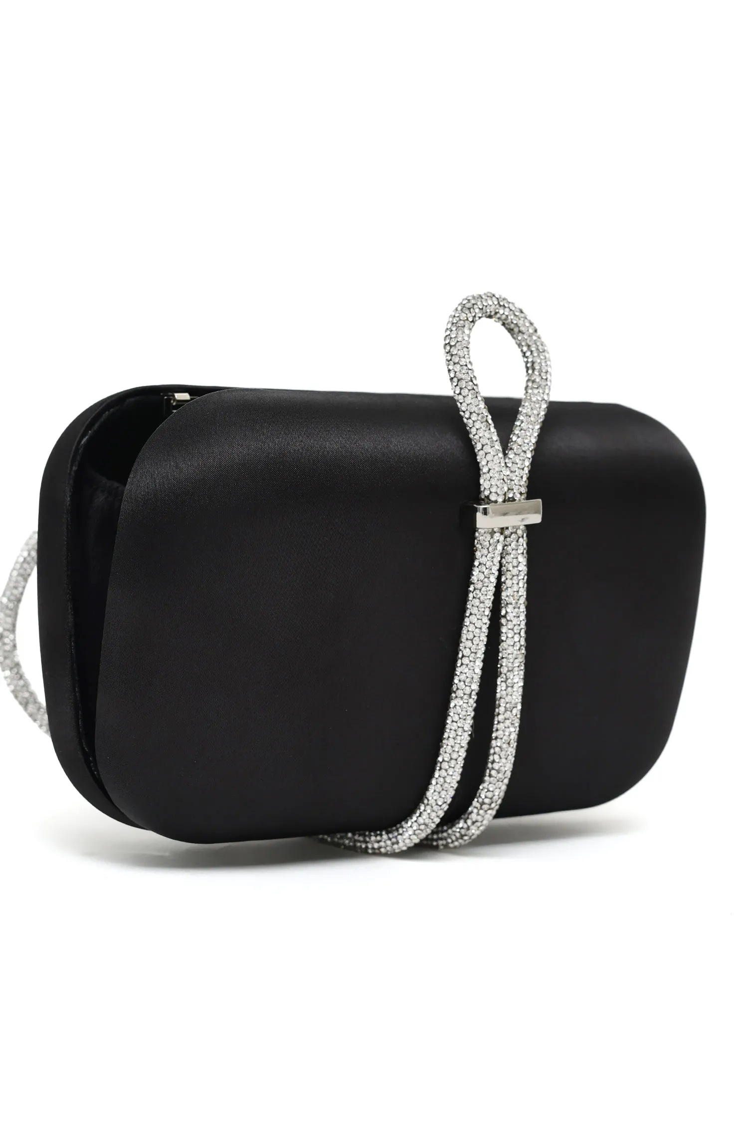 SATIN CRYSTAL LOOP CLUTCH-BLACK