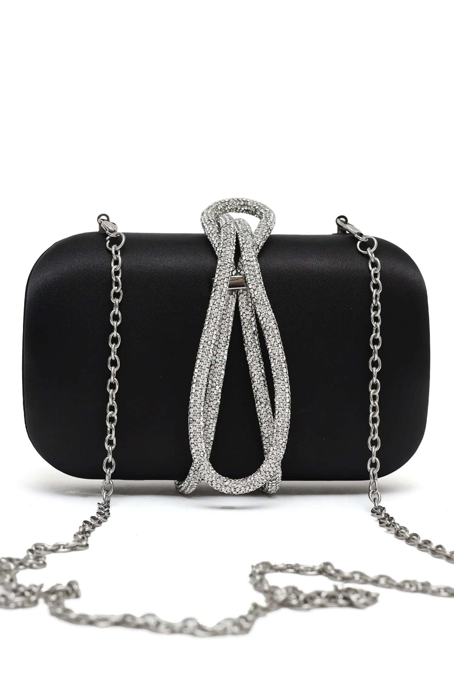 SATIN CRYSTAL LOOP CLUTCH-BLACK