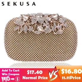 SEKUSA Flower Crystal Evening Bag Clutch Bags Clutches  Wedding Purse Rhinestones Wedding Handbags Silver/Gold/Black Evening Bag
