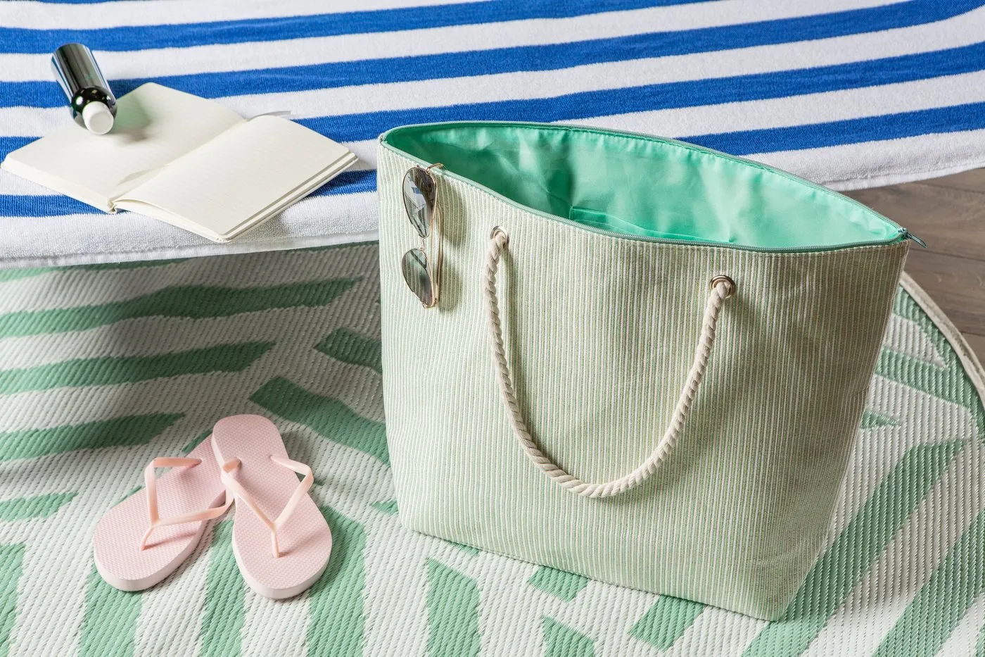 Shimmery Green Striped Woven Paper Beach Tote Bag