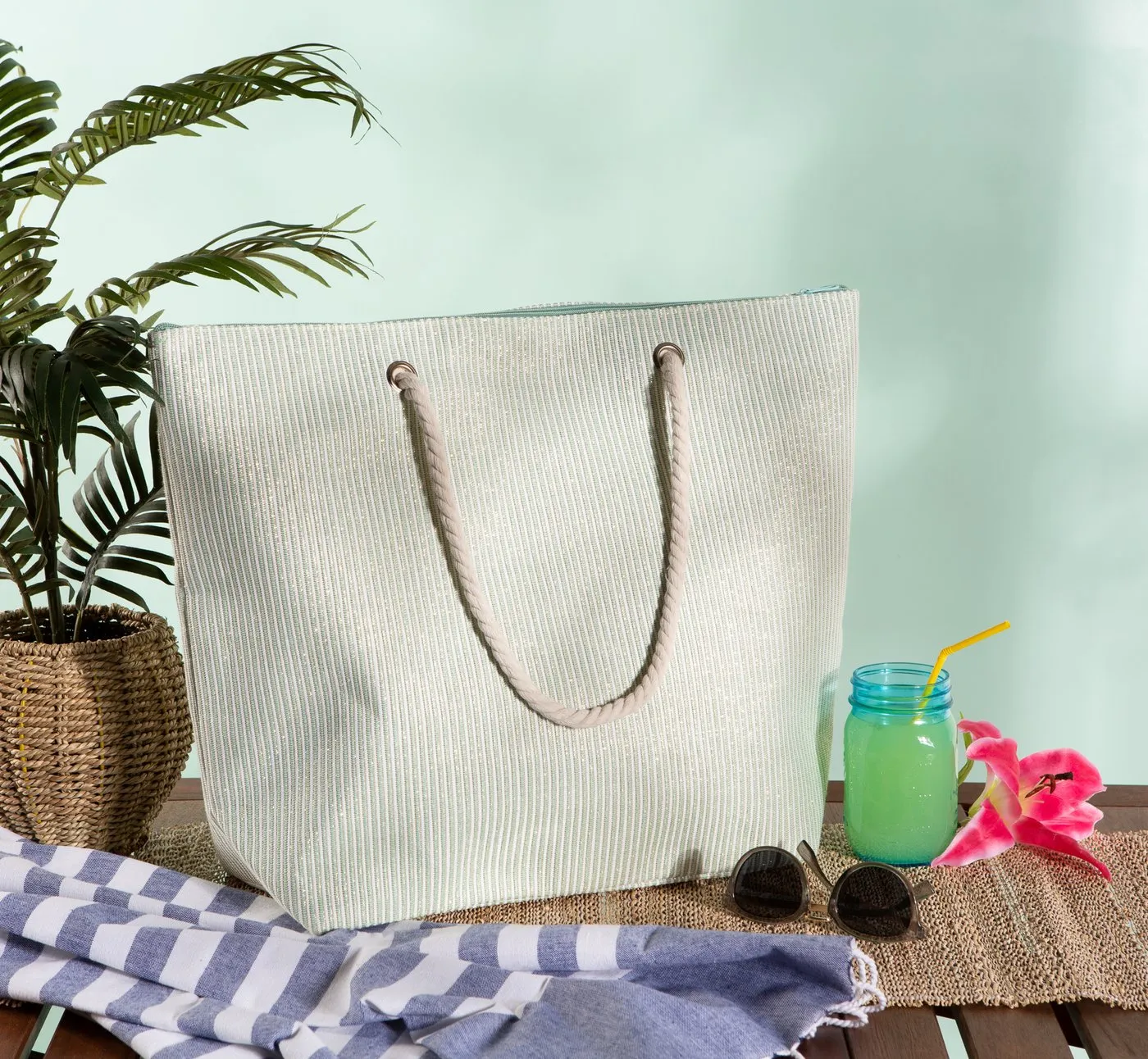 Shimmery Green Striped Woven Paper Beach Tote Bag