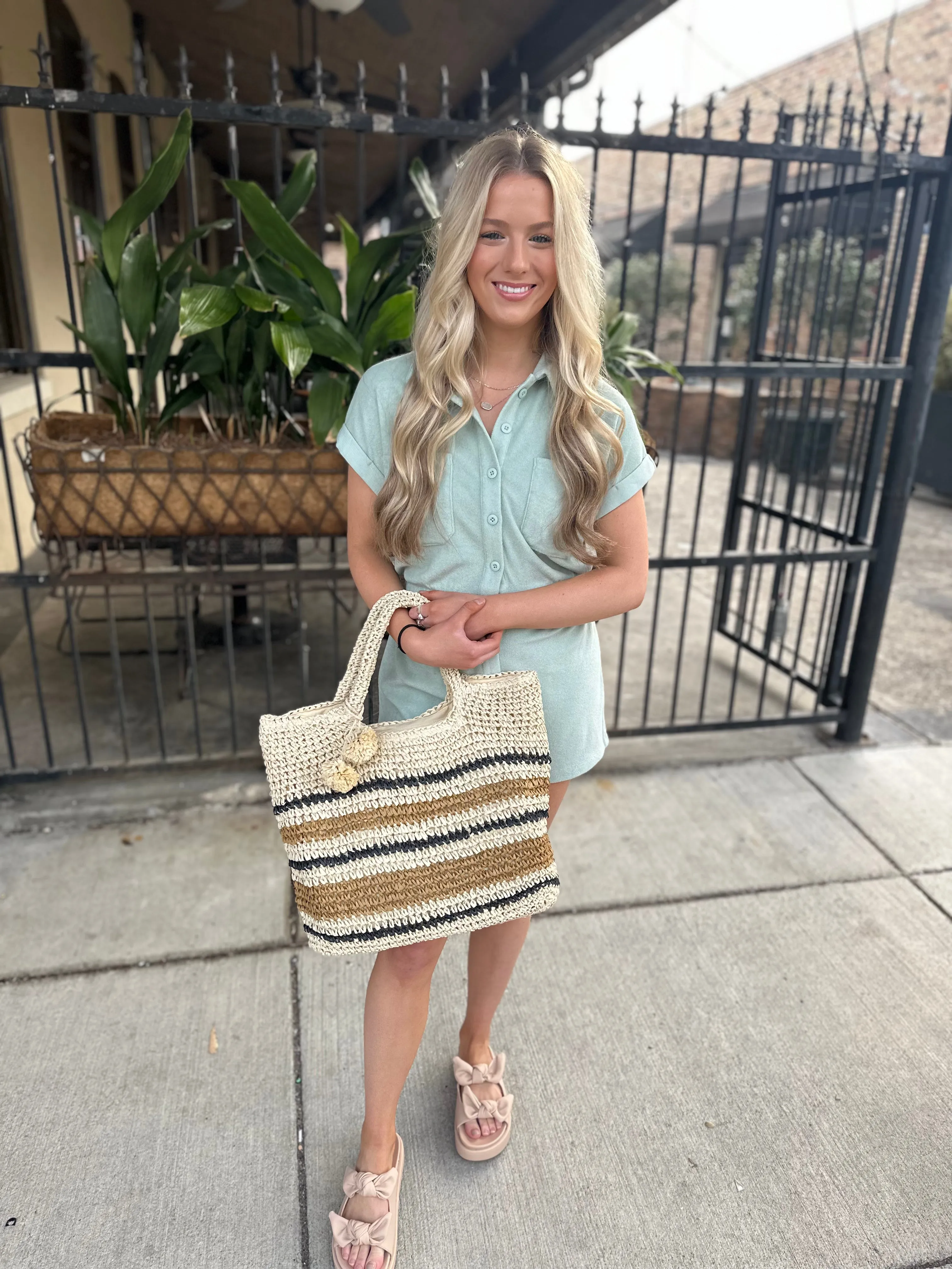 St. Kitts Striped Straw Braided Tote Bag