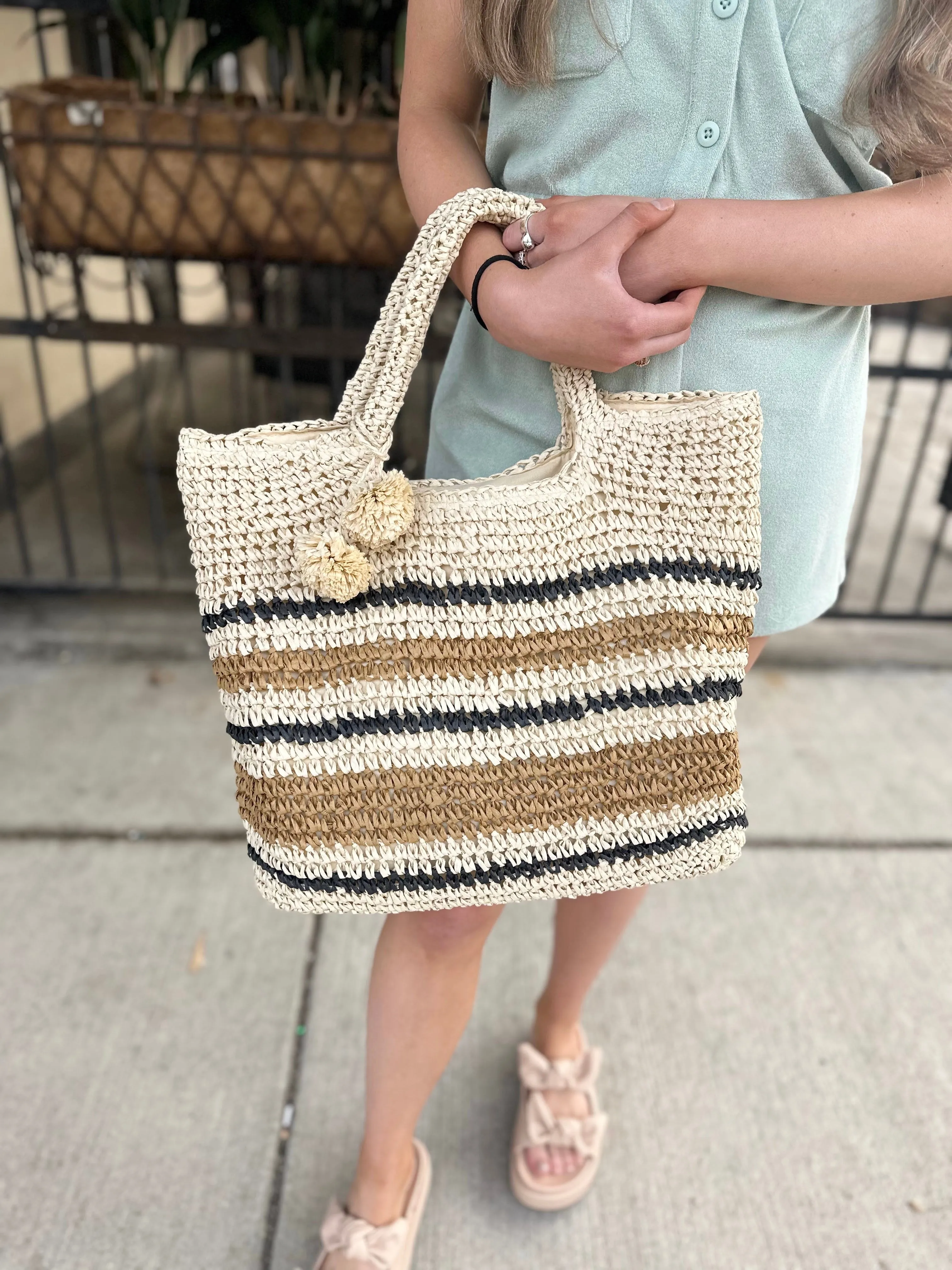 St. Kitts Striped Straw Braided Tote Bag