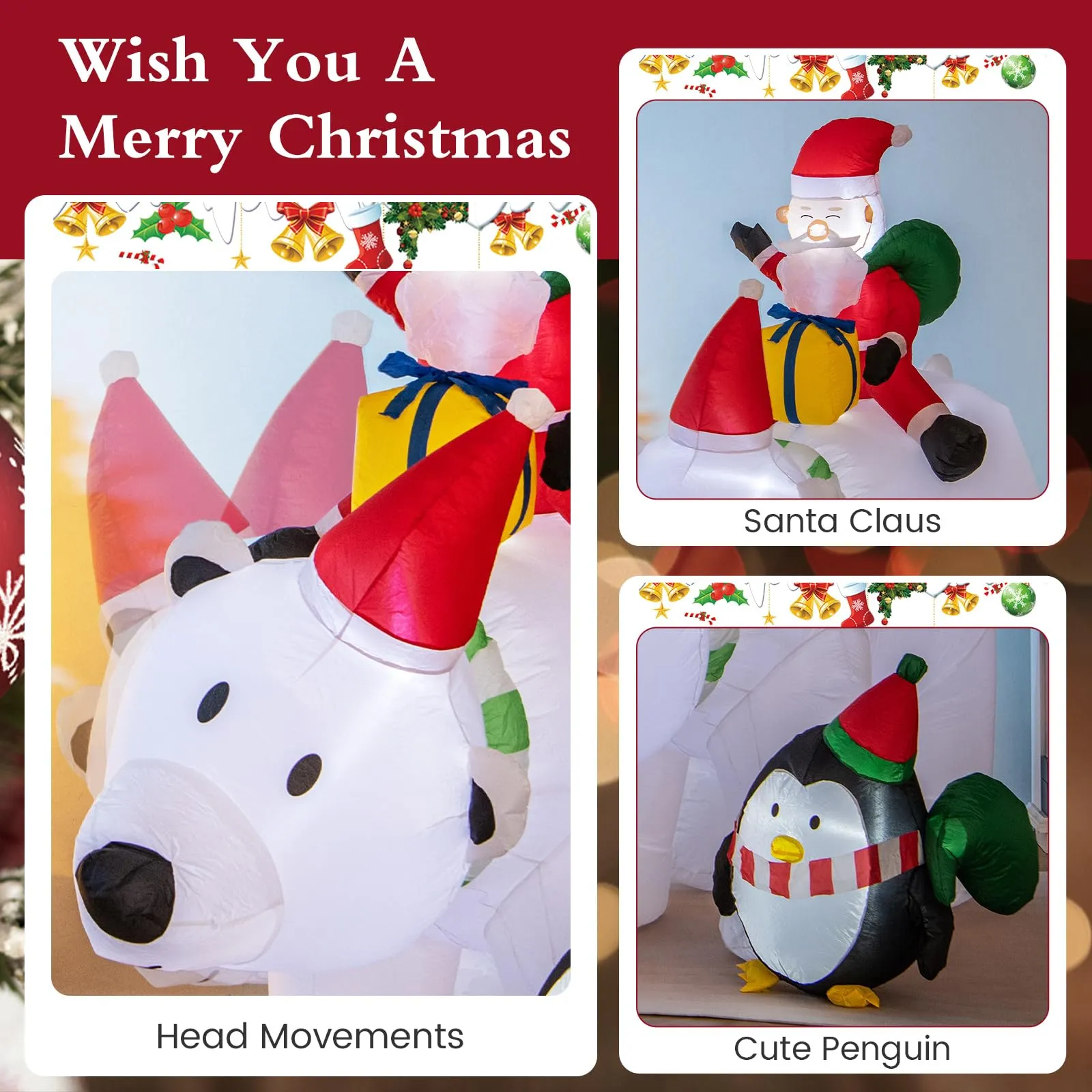 Tangkula 7.5 FT Christmas Inflatable Polar Bear, Blow up Santa Claus Riding Bear with Penguin, Gift Bags & Gift Box