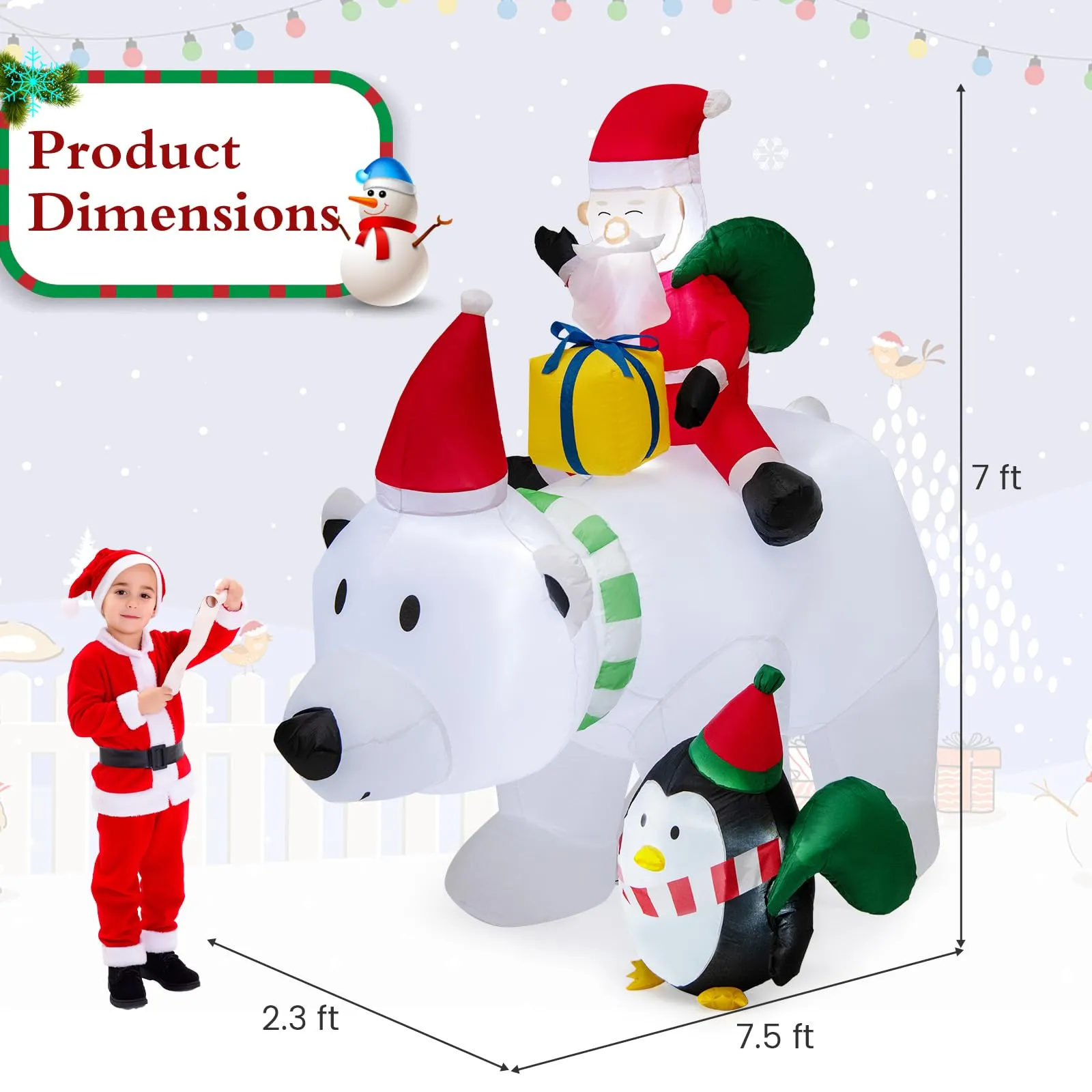 Tangkula 7.5 FT Christmas Inflatable Polar Bear, Blow up Santa Claus Riding Bear with Penguin, Gift Bags & Gift Box