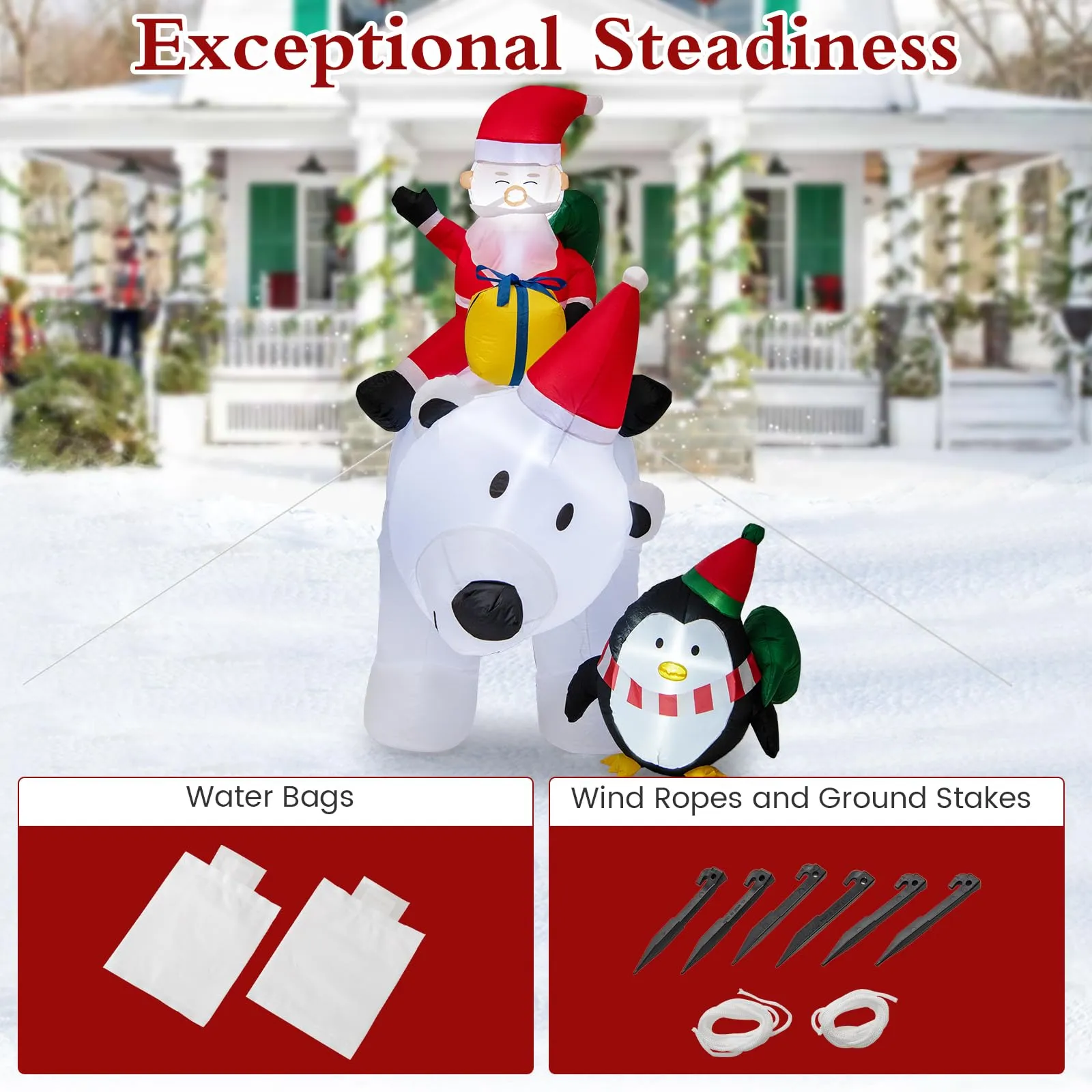 Tangkula 7.5 FT Christmas Inflatable Polar Bear, Blow up Santa Claus Riding Bear with Penguin, Gift Bags & Gift Box