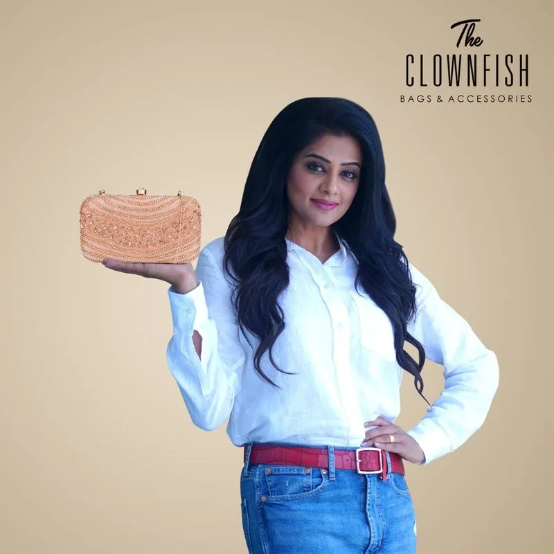 THE CLOWNFISH Gleamgrace Collection Faux Leather Womens Party Clutch Ladies Wallet Evening Bag Purse with Fashionable Round Corners (Golden)