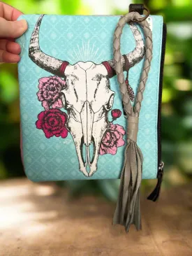 Western Themed Oversized Wristlets/Handbag with Braided Leather Tassel Handle