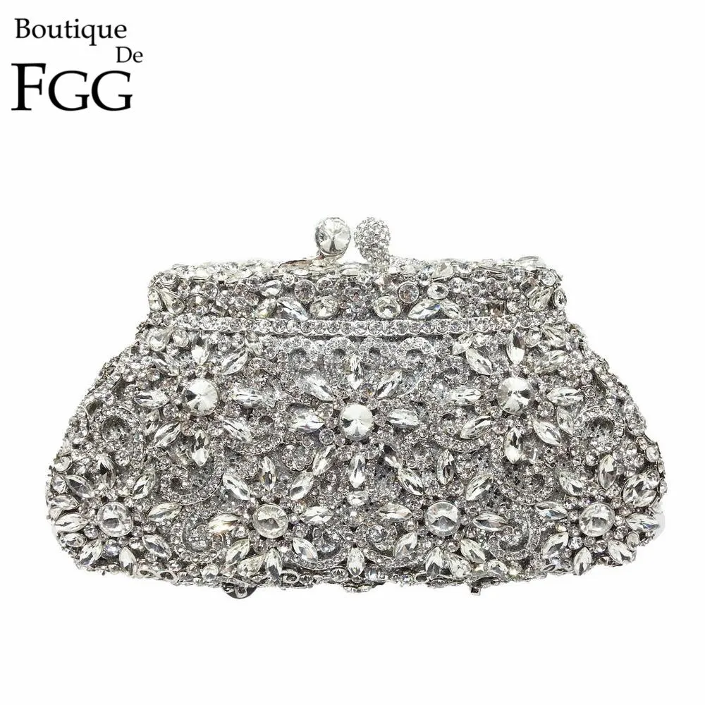 Women Silver Evening Crystal Handbags Prom Bag Bridal Clutches