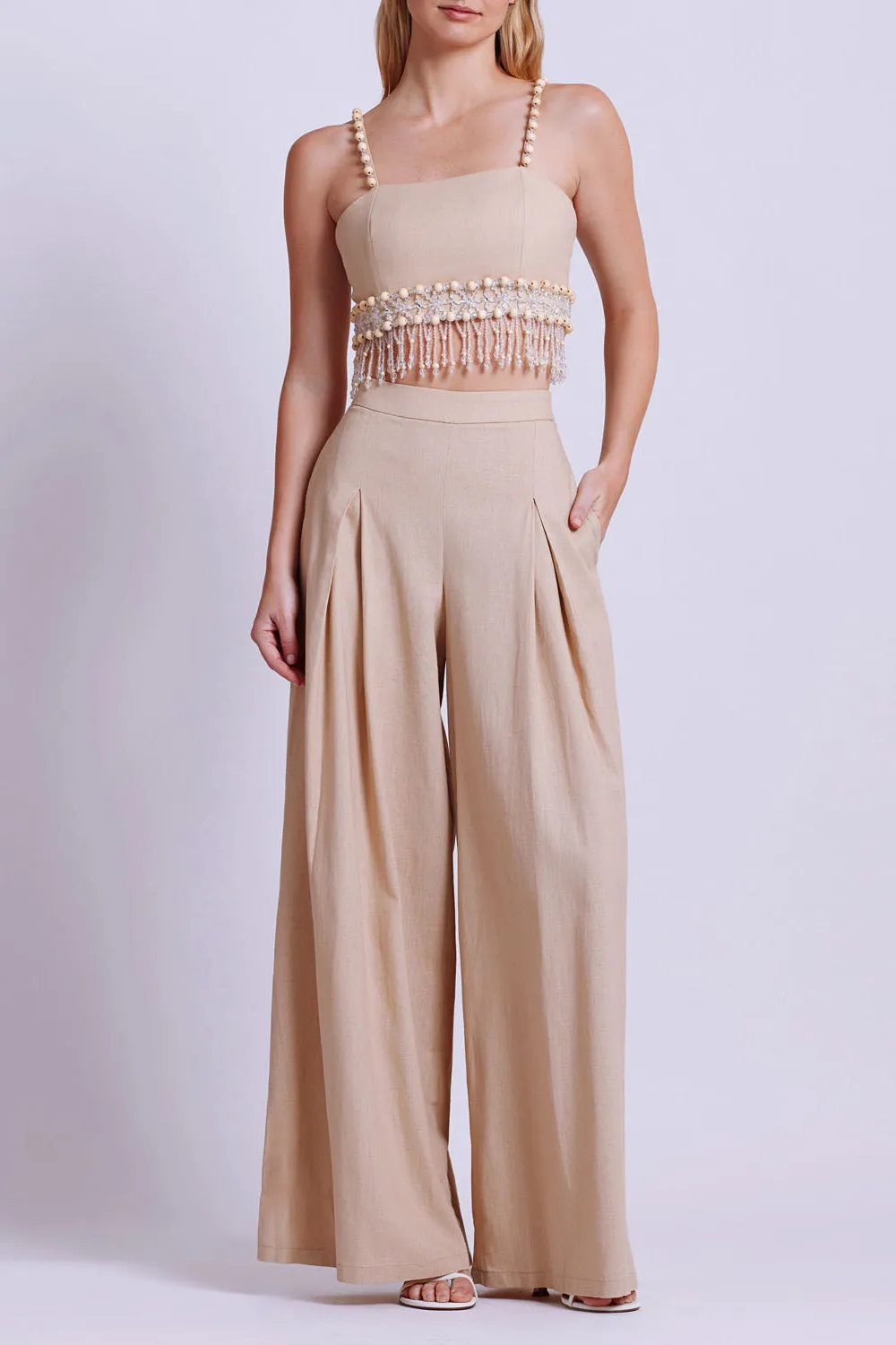 Wood and Crystal Beaded Linen Top