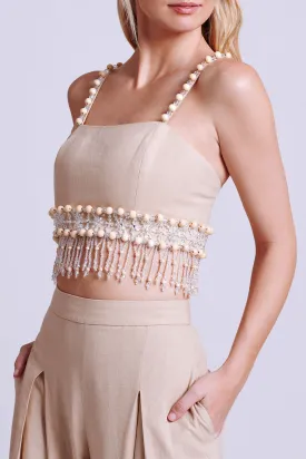 Wood and Crystal Beaded Linen Top