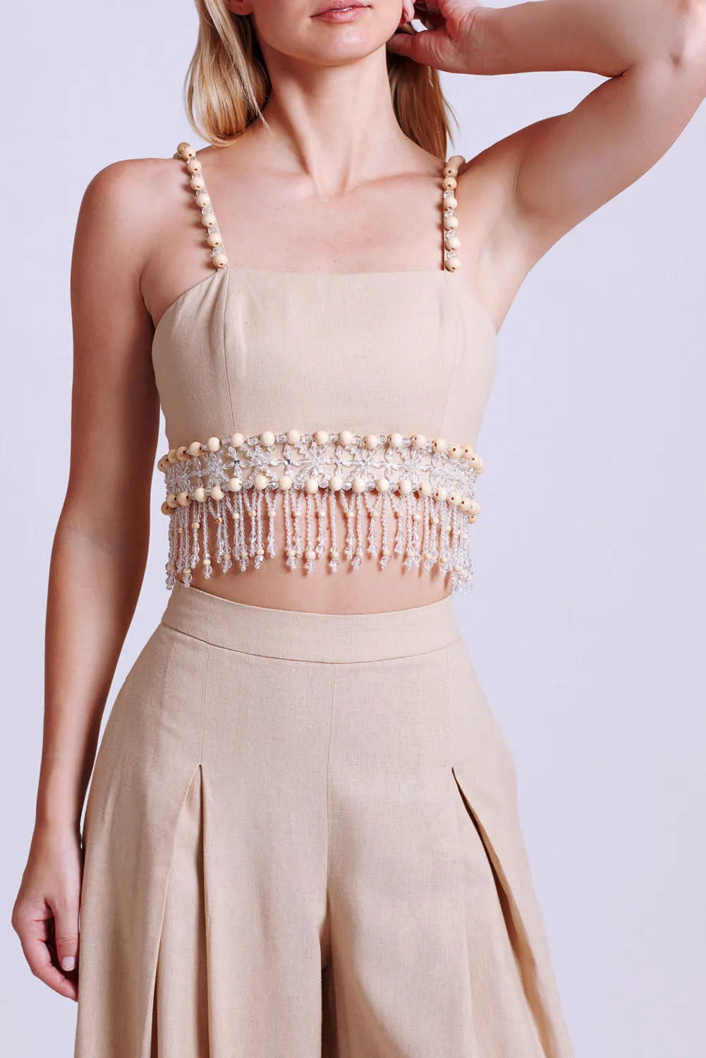 Wood and Crystal Beaded Linen Top