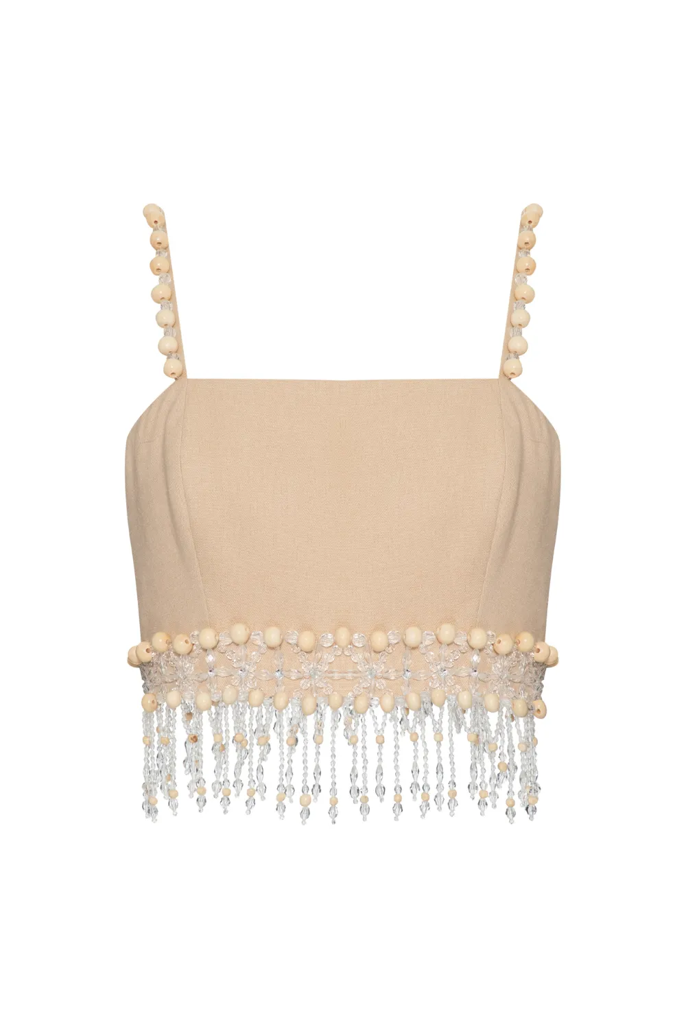 Wood and Crystal Beaded Linen Top