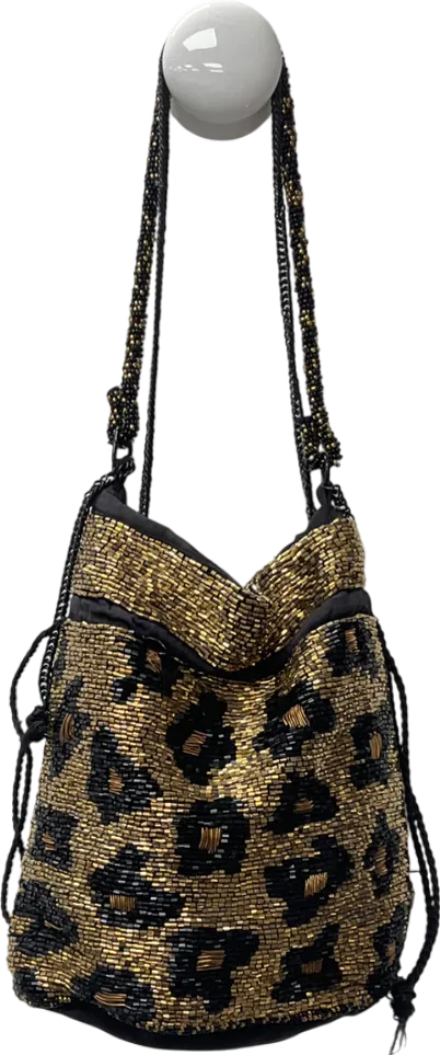 ZARA Metallic Beaded Drawstring Shoulder With Leopard Print Diamantés One Size