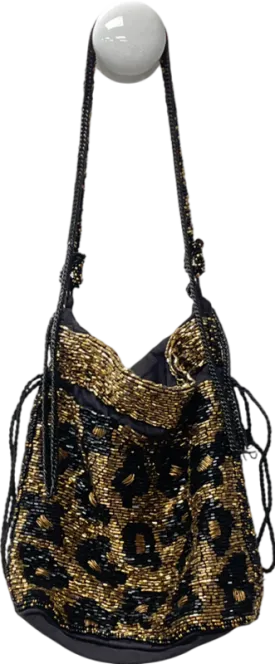 ZARA Metallic Beaded Drawstring Shoulder With Leopard Print Diamantés One Size